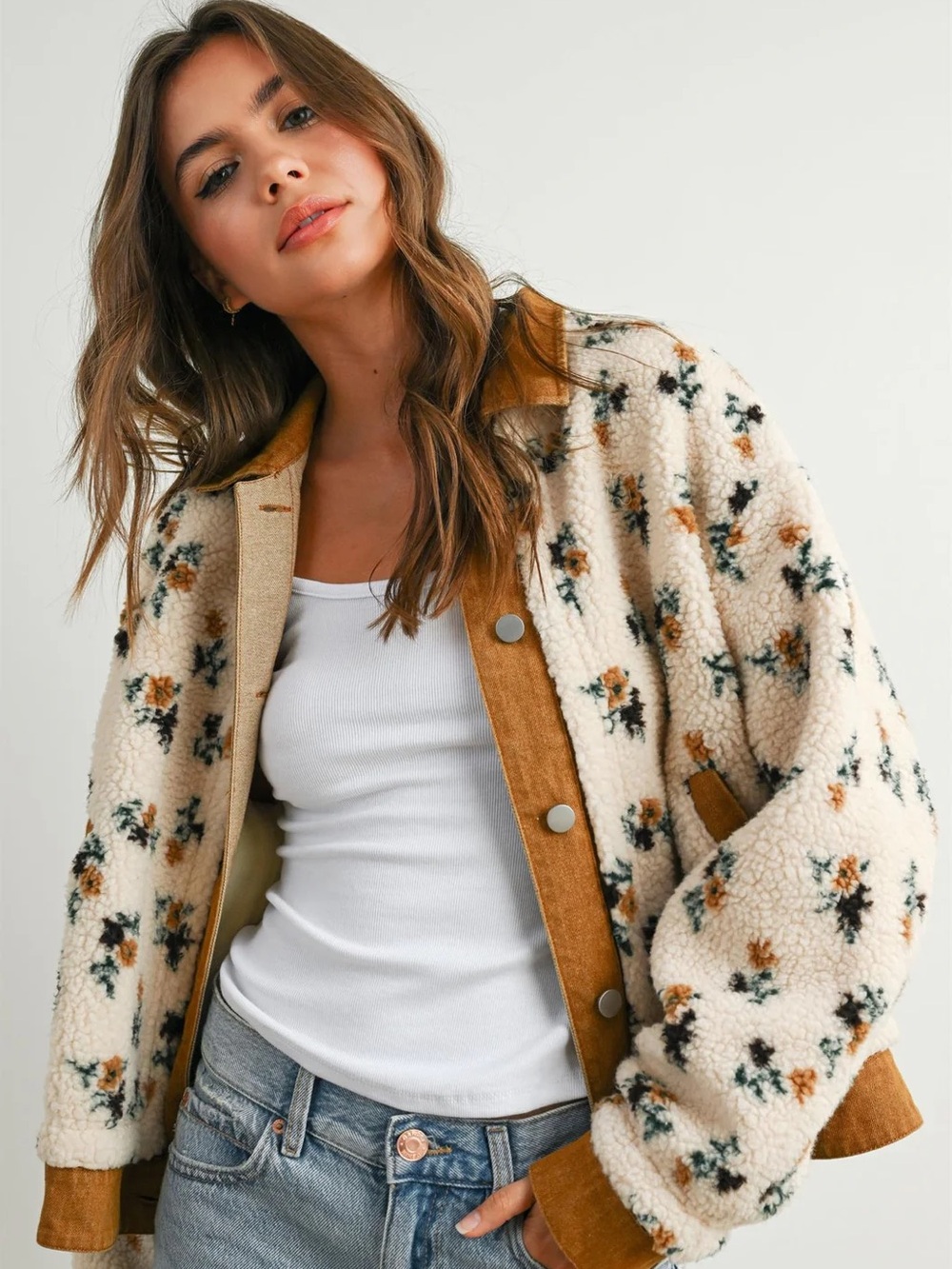 Buttermelon Denim Floral Print Fluffy Fleece Jacket | Size L